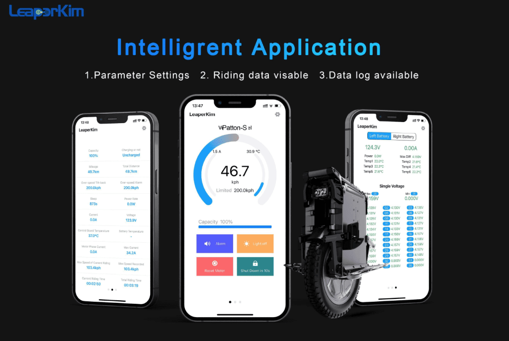 Veteran Patton S Electric Uncicylce at Personal Electric Transport London Smart Bluetooth app with parameter settings, visible riding data and data log option