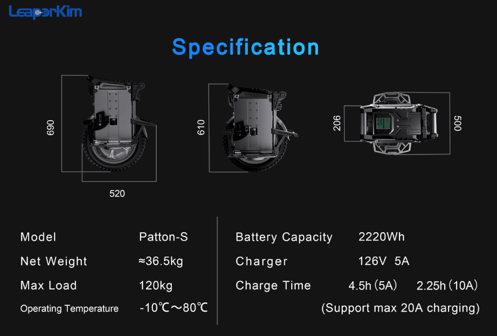 Veteran Patton S Electric Uncicylce at Personal Electric Transport London Technical specification: Weight 36.5kg Mas rider load 120kg Battery capacity 2220Wh Charger 126V 5A Charging time 4.5 hours with stock charger