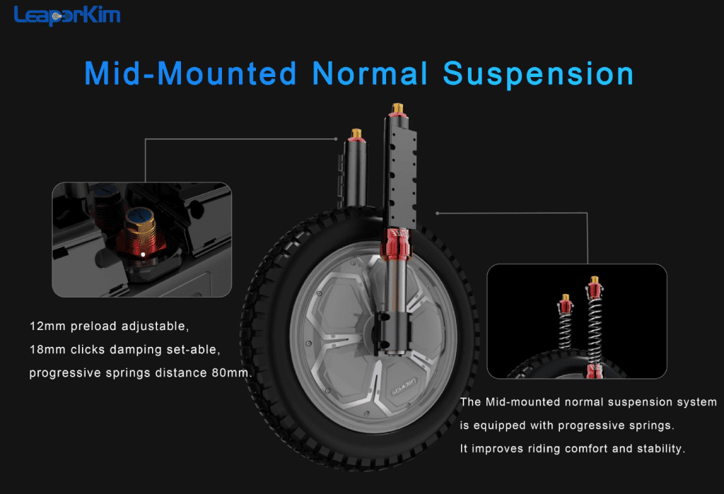 Mid-mounted progressive suspension by Fastace 12mm adjustable preload, 18 clicks adjustable damping, progressive springs with 80mm travel distance 